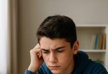 Teenager looking at phone while studying at desk