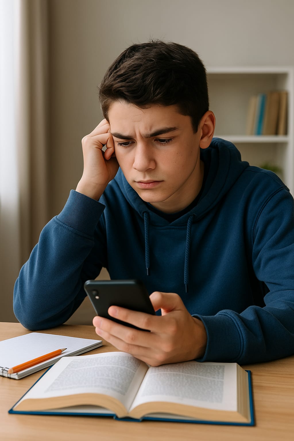 Teenager looking at phone while studying at desk