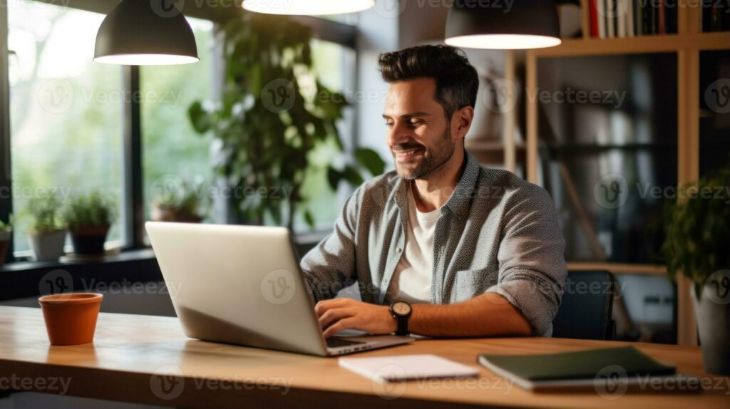 Freelancer working on laptop at home using AI tools