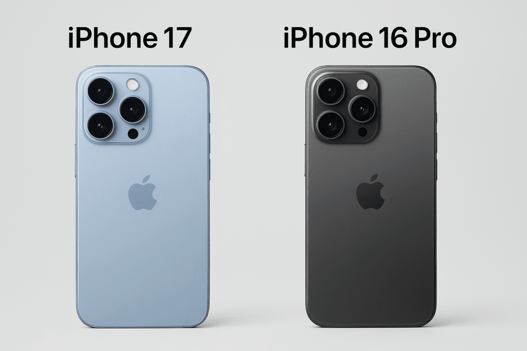 Close-up comparing iPhone 17 thinner bezels and brighter display to iPhone 16 Pro