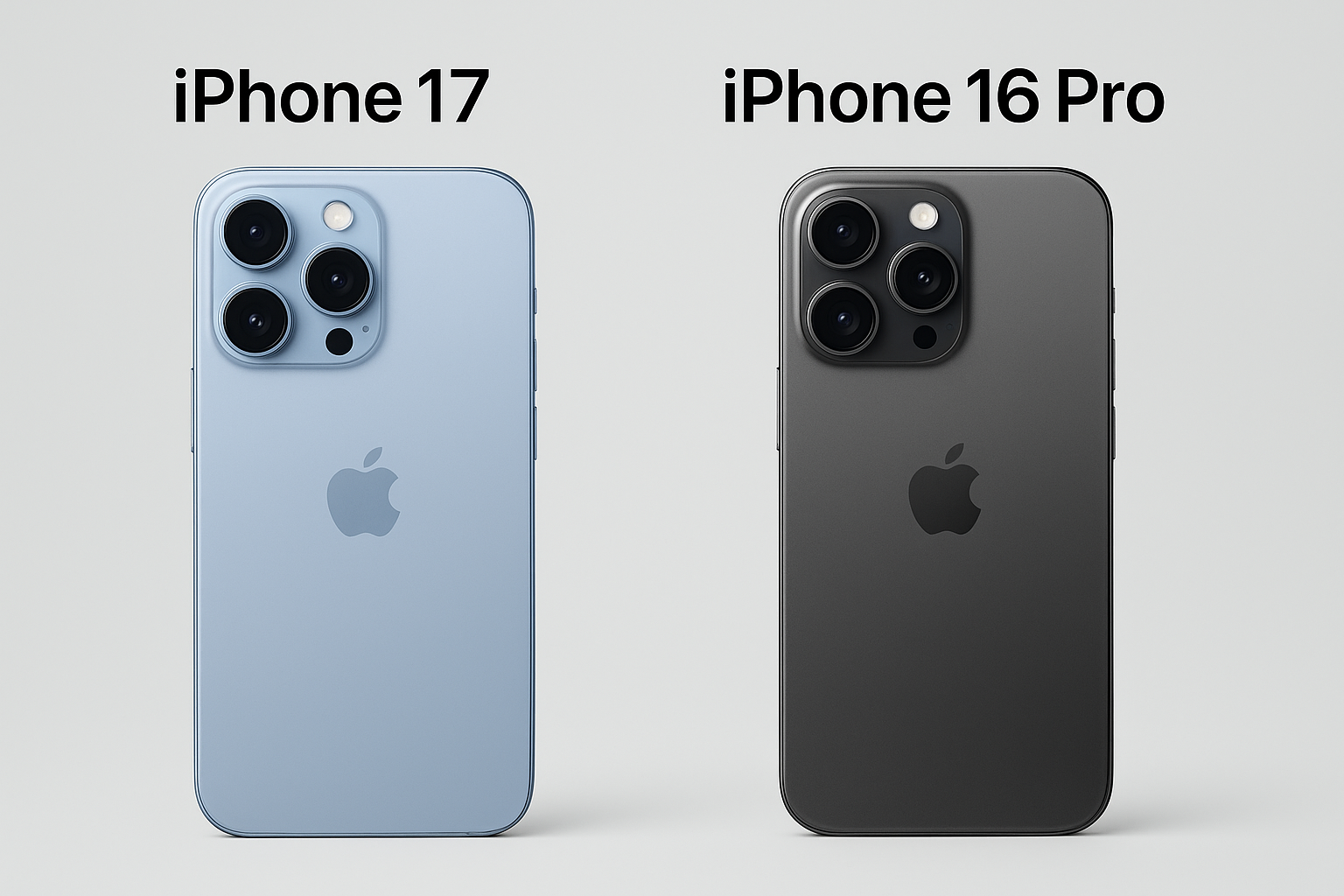 Alt Text: iPhone 17 vs iPhone 16 Pro comparison highlighting new design, display, and camera features.