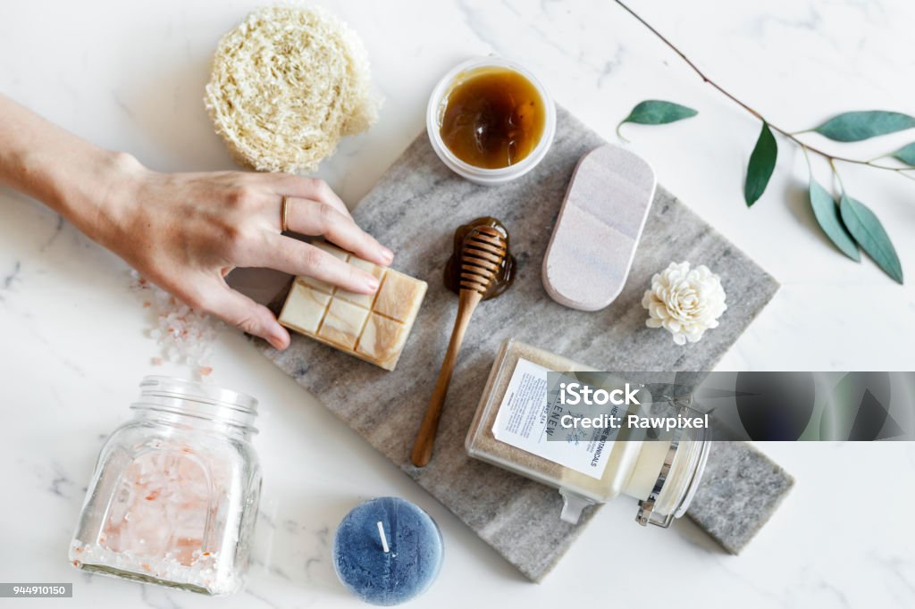 Organic skincare beauty products layout