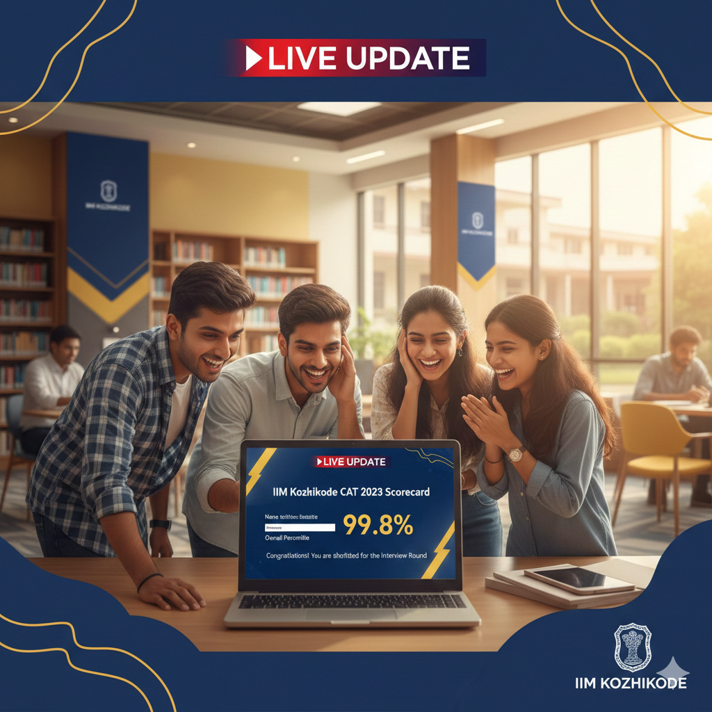 CAT Result 2025 Live Update: Students checking scorecard online with IIM Kozhikode background