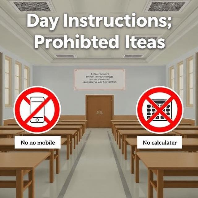 Day Instructions / Prohibited Items
Graphic: Exam hall with “No Mobile, No Calculator” icons