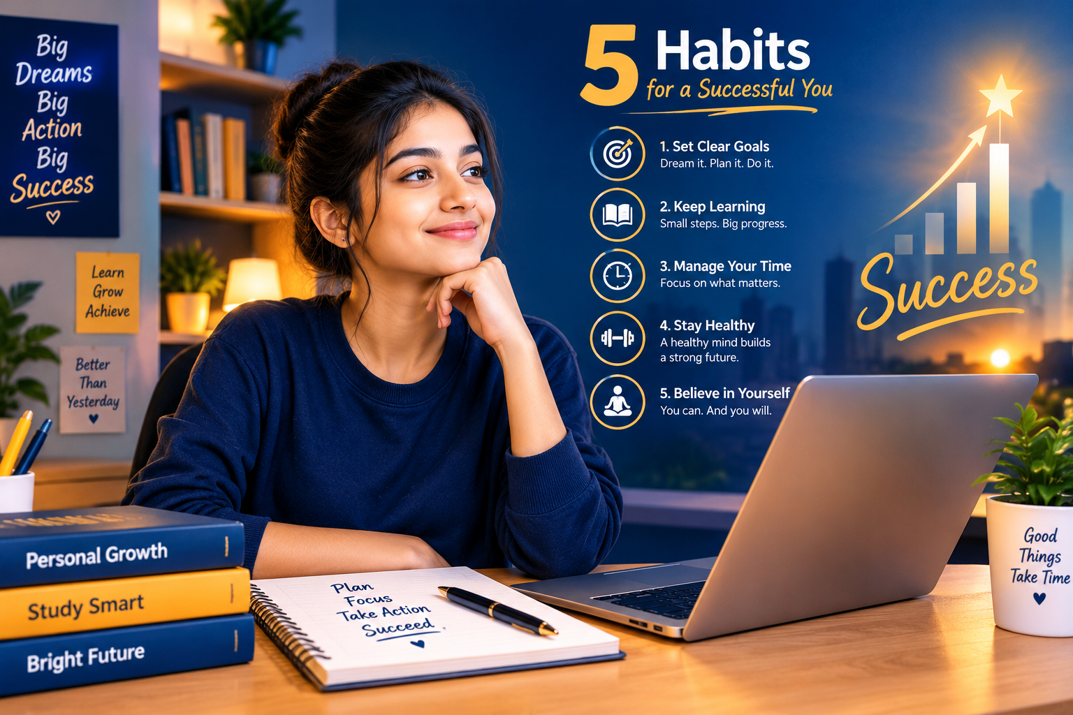 5 student habits for success illustration showing a focused student studying at a desk