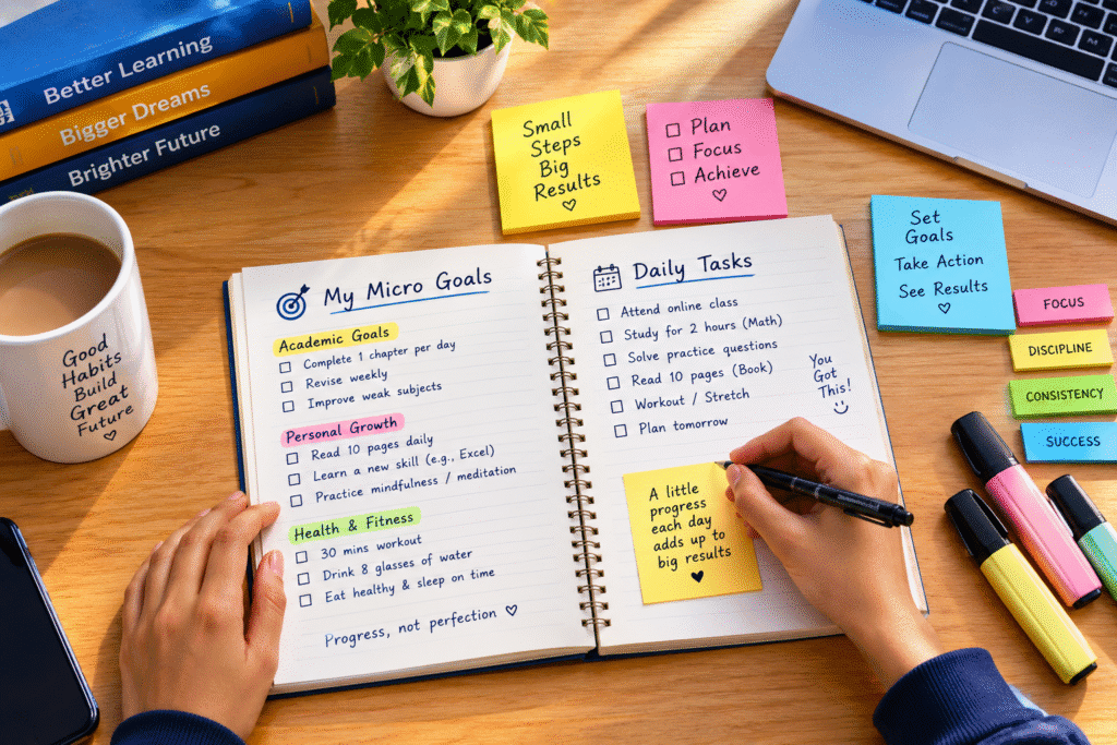 student writing micro-goals and daily tasks in a planner for better focus student habits for success