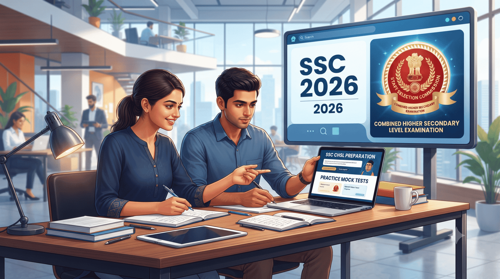 SC CHSL 2026 Notification and Apply Online Banner showing students preparing for government exams