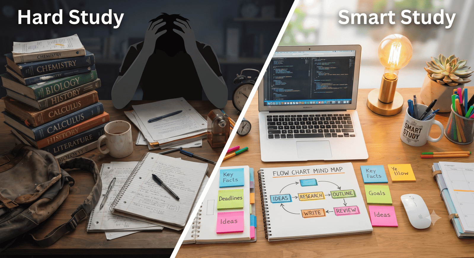 Smart study vs hard study banner for student success tips